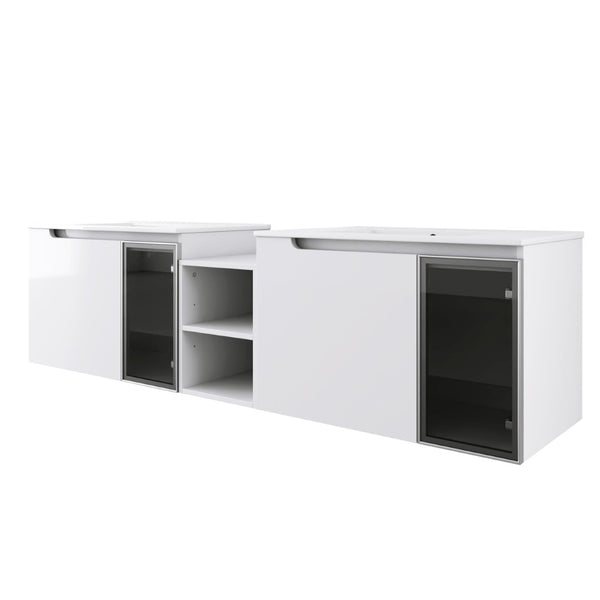 English Elm 72" Floating Double Bathroom Vanity Plywood Cabinet Ceramic Sinks Soft Close Doors W999S00533