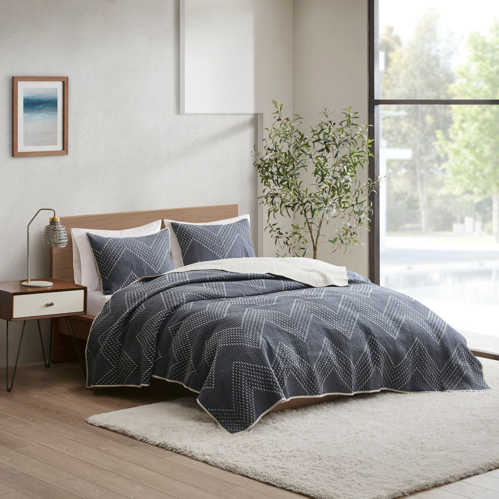 JLA Home INK+IVY - 3 INK+IVY Pomona Embroidered Cotton Quilt Mini Set - Navy with Taupe Reversible, Antimicrobial Comfort II13-565