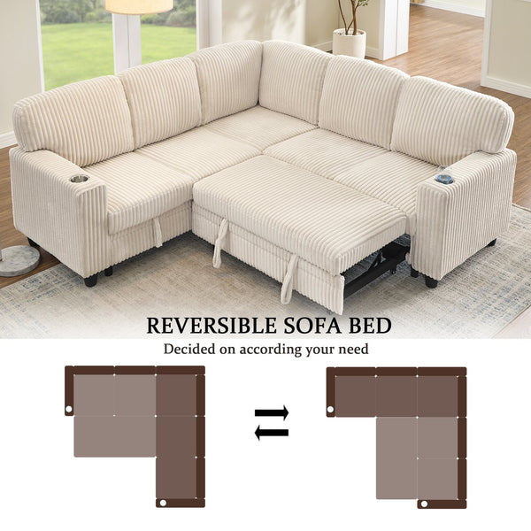 English Elm L-Shaped Sofa with Pull-Out Bed and Storage, 5-Seat Sectional with USB, Cup Holders, Cozy Chenille Beige W1998S00075