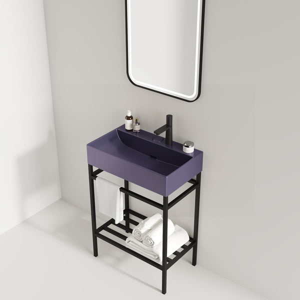 English Elm LOFI Ceramic Integrated Bathroom Vanity 24" with Rectangular Basin, Open Metal Shelf, Easy Clean Purple+Black W2615S00061