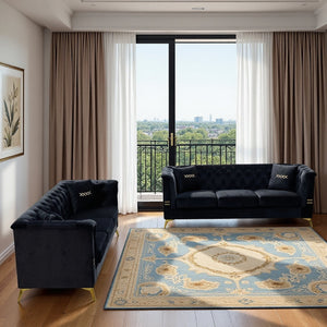 English Elm FX-P83-2PC Velvet Sofa Set of 2 with Tufted Cushions and Gold-Tone Metal Legs for Luxe Comfort Black W576S00239