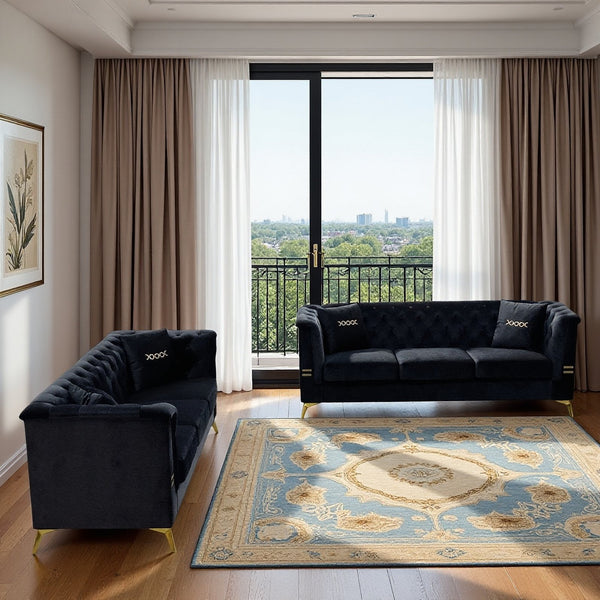 English Elm FX-P83-2PC Velvet Sofa Set of 2 with Tufted Cushions and Gold-Tone Metal Legs for Luxe Comfort Black W576S00239