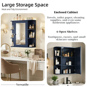 English Elm Bathroom Wall Cabinet with Mirror Door Open Shelving and Adjustable Interior Storage Blue N817P375228B