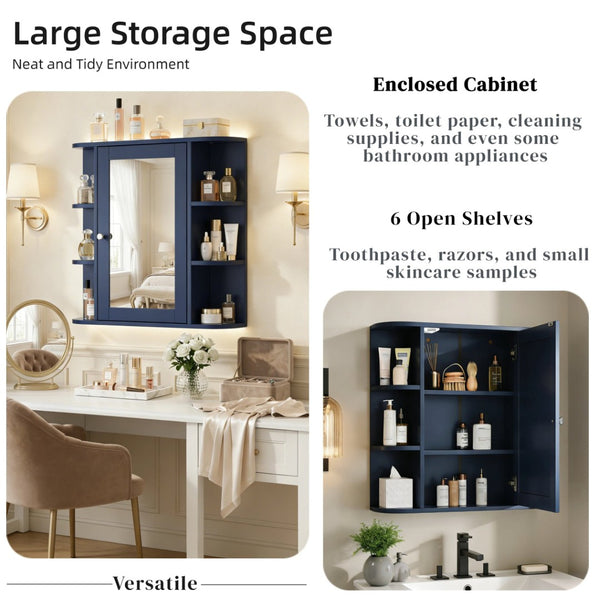 English Elm Bathroom Wall Cabinet with Mirror Door Open Shelving and Adjustable Interior Storage Blue N817P375228B
