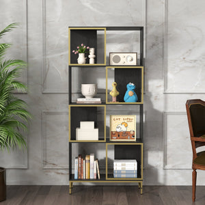 English Elm 4-Tier Industrial Bookcase Black+Gold – Asymmetrical Corner Display Shelf, Rustic Metal & Wood Storage W2167P192775