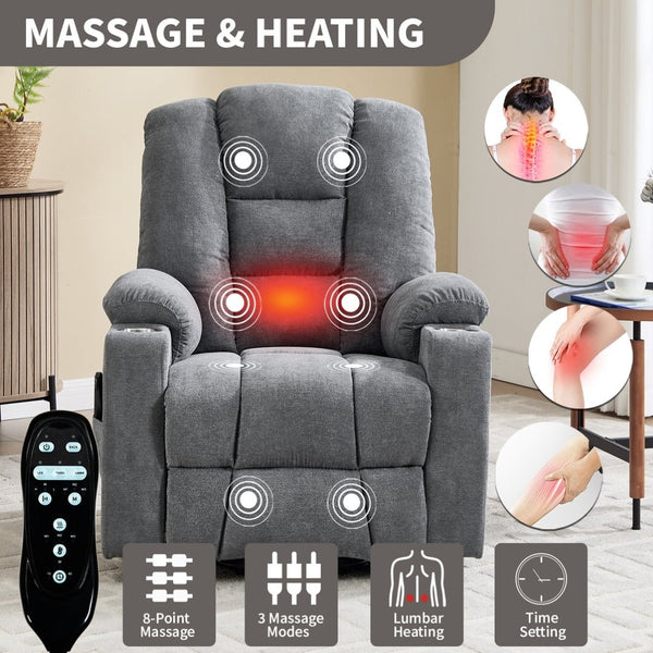 English Elm Emon's Overstuffed Chenille Power Lift Recliner with Massage Heat and Charging Ports Grey W1803S00090
