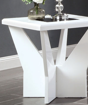 English Elm White glossy end table with geometric base and black tempered glass insert for modern statement decor White 27 L x 34 W x 6 H B2741P360140