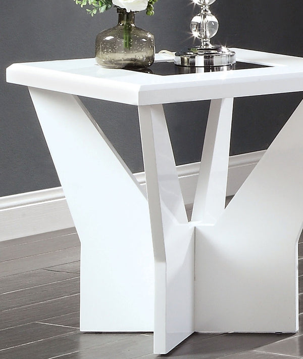 English Elm White glossy end table with geometric base and black tempered glass insert for modern statement decor White 27 L x 34 W x 6 H B2741P360140