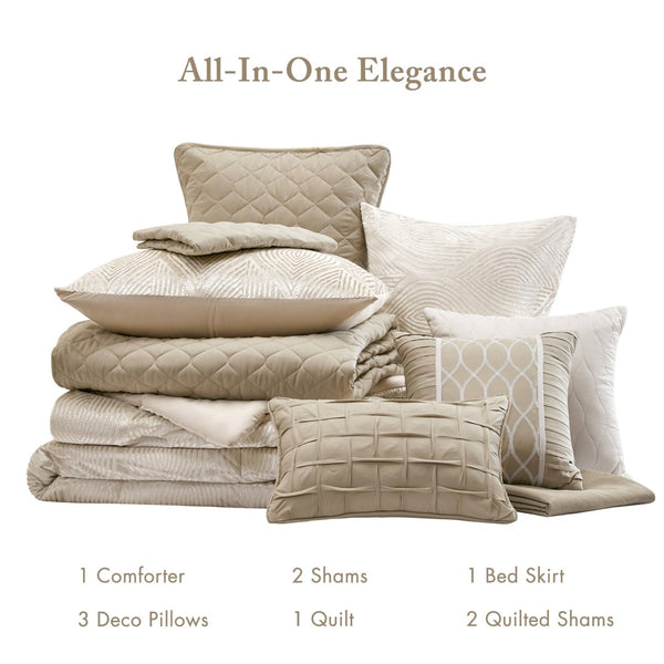 English Elm 10-piece California King Velvet Jacquard Comforter Set Layered Bedding with Microfiber Shams Champagne B035P482942