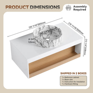 English Elm 36" Floating Bathroom Vanity Light Oak Modular Cabinet with Gel Coat Integrated Sink Grey+White,White + Light Oak W3450S00064