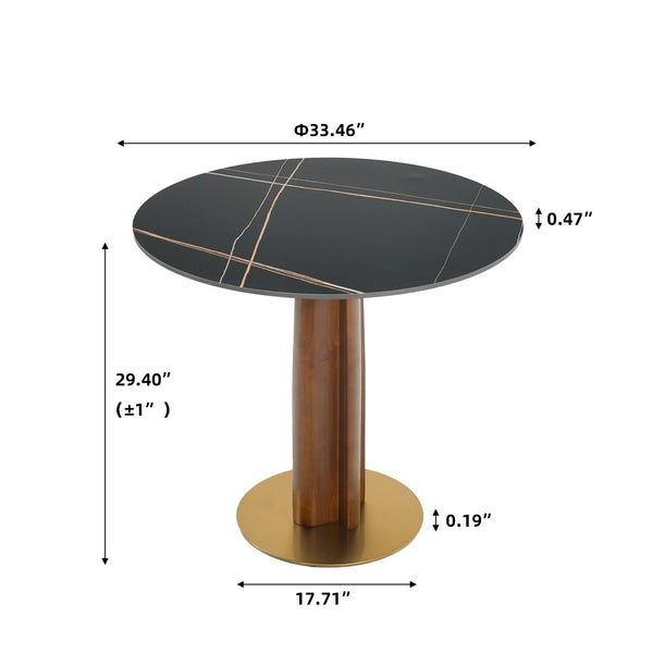English Elm Modern Round Dining Table - 33.5" Sintered Stone Top With Wooden Legs & Gold Base For Small Spaces P4 W1535S00602-GIGA