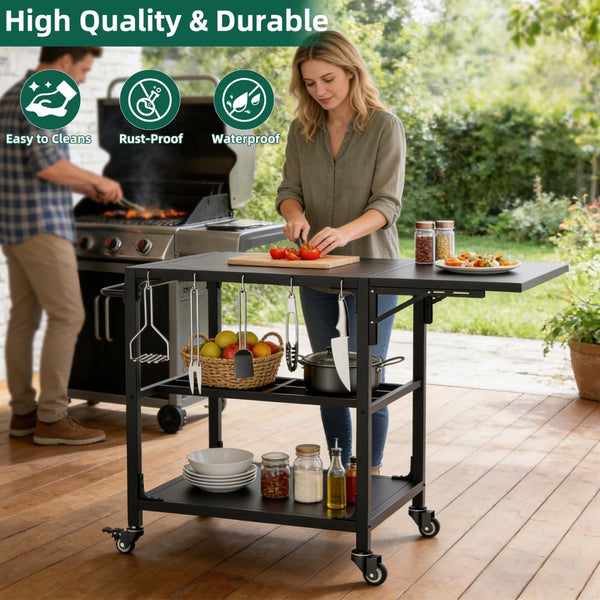 English Elm Outdoor Kamado Grill Cart with Folding Prep Surface Hooks Wheels and Storage Shelf W3190P416753