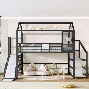 English Elm Full Full House Loft bed with Slide and Stairs, Metal House Play Loft with Storage Shelves and Quiet Design Black W1580S00350