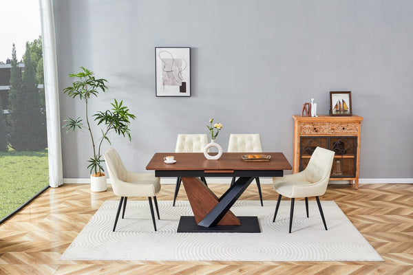 English Elm Modern Extendable Dining Table with Walnut MDF Veneer Top, Dual V-Shaped Metal Base, Sleek Durable Design Dark Walnut W3493S00007