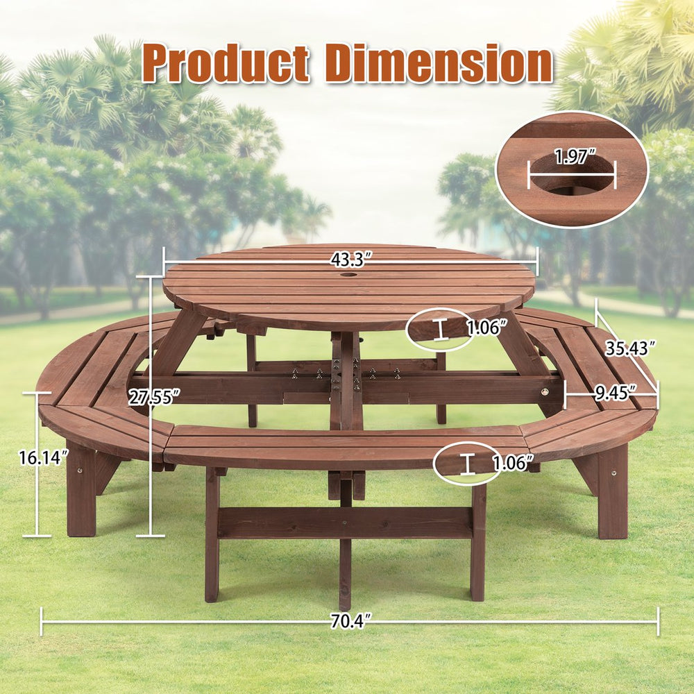 English Elm 10-12-person Round Outdoor Wooden Picnic Table with Umbrella Hole, 500-lb Capacity, Fir Wood, Walnut Brown W1422P269604