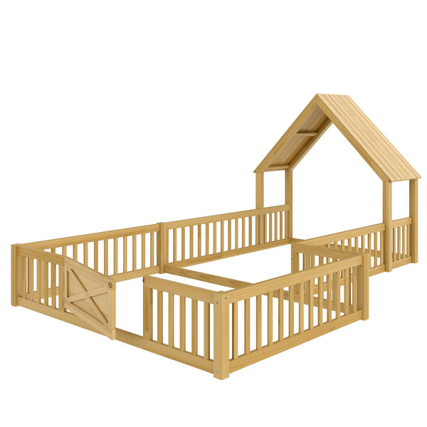 English Elm Full Full Size House Floor Bed with Door & Guardrails, Solid Wood Playful Design for Kids, Safe and Durable Natural W1580P327131