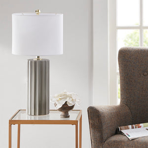 JLA Home INK+IVY - Ribbed Ceramic Table Lamp — Fluted Grey Base with White Linen Shade, Warm Ambient Light & 2-Year Warranty MT153-0051