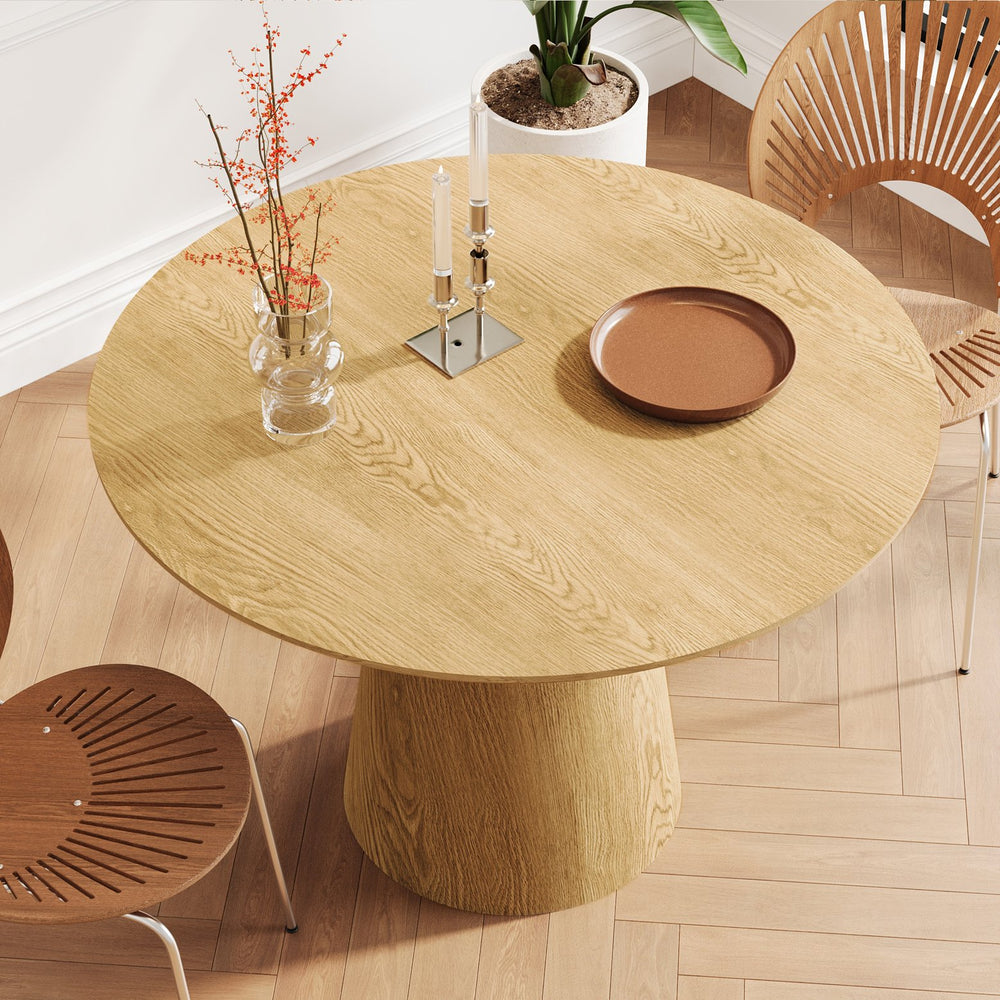 English Elm 43 inch circular dining table with minimalist MDF grain finish, sturdy Nordic base, quick 10–15min assembly, elegant family centerpiece Wood W1727S00021