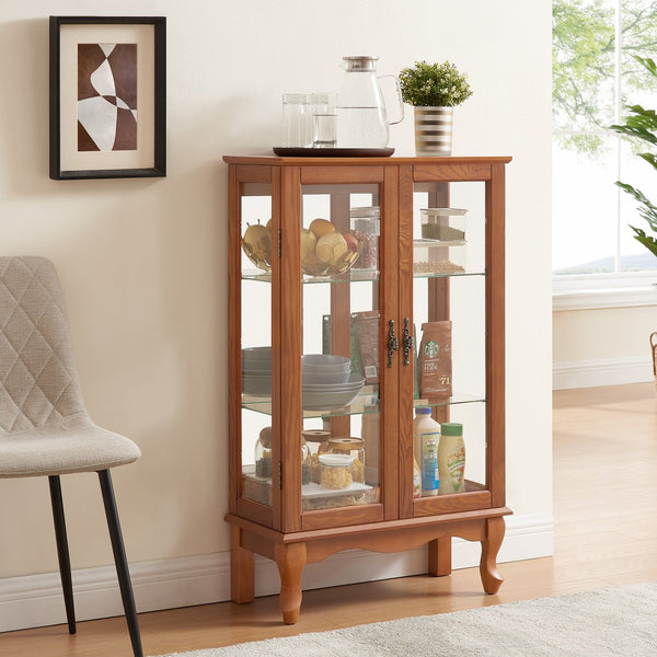 English Elm 2 Doors Curio Cabinet With Adjustable Shelves, Mirrored Back & Integrated Lighting - Elegant Oak Display W2275P177197
