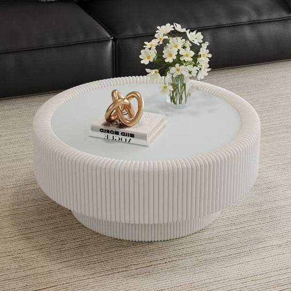 English Elm Black Round Fluted Pu Leather Coffee Table Tempered Glass Top Hidden Storage Modern Cream White W3081P428979