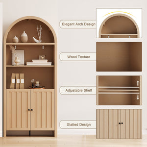 English Elm 71" Tall Farmhouse Bookshelf with Arched Top and Lower Cabinet, Rustic Slatted Doors, Sturdy Design Natural T3771P371395