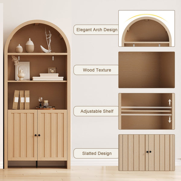 English Elm 71" Tall Farmhouse Bookshelf with Arched Top and Lower Cabinet, Rustic Slatted Doors, Sturdy Design Natural T3771P371395