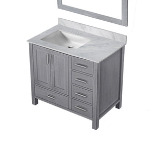 English Elm Distressed Grey Bath Vanity Set With Left Offset Carrara Marble Top & Elegant 34" Mirror Included B2731S00687