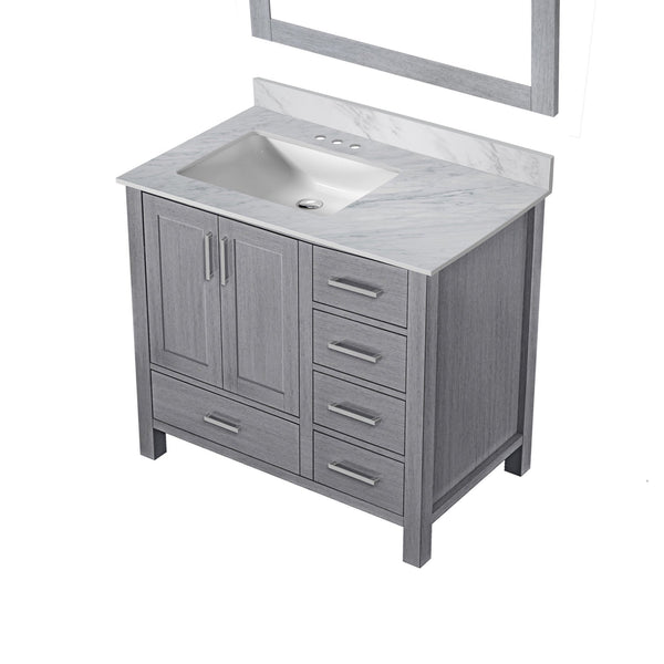 English Elm Distressed Grey Bath Vanity Set With Left Offset Carrara Marble Top & Elegant 34" Mirror Included B2731S00687