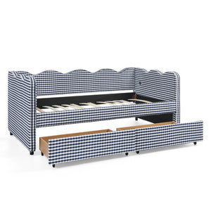 English Elm Twin Gingham Linen Daybed with Wave Silhouette Usb Port and Dual Storage Drawers Navy W1413S00144