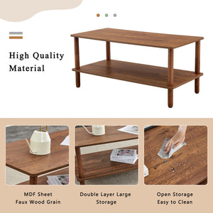 English Elm Modern 2-Tier Coffee Table with Open Shelf, Solid Wood + MDF, Rounded Legs, Durable Farmhouse Style Walnut W3226P279108