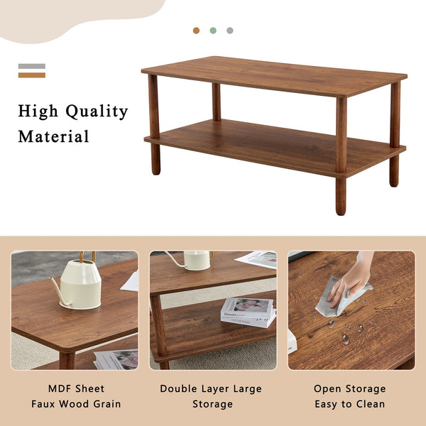 English Elm Modern 2-Tier Coffee Table with Open Shelf, Solid Wood + MDF, Rounded Legs, Durable Farmhouse Style Walnut W3226P279108