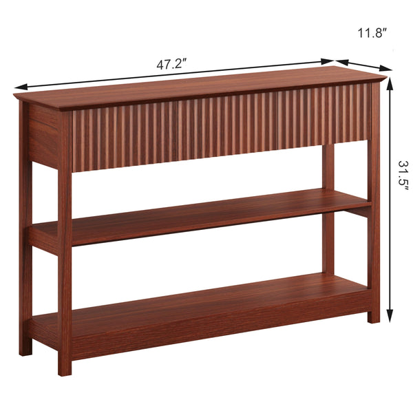 English Elm 47″ Fluted MDF Console Table with 3 Drawers & Open Shelf, Brown Cherry Finish for Entryway Elegance T3771P369064