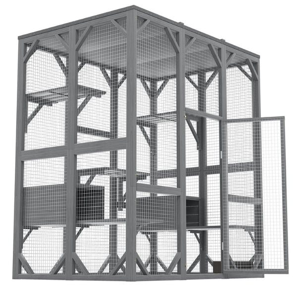 English Elm Outdoor Fir Wood Cat Enclosure Three Tier Six Platform Habitat with Waterproof Roof W1598P390796