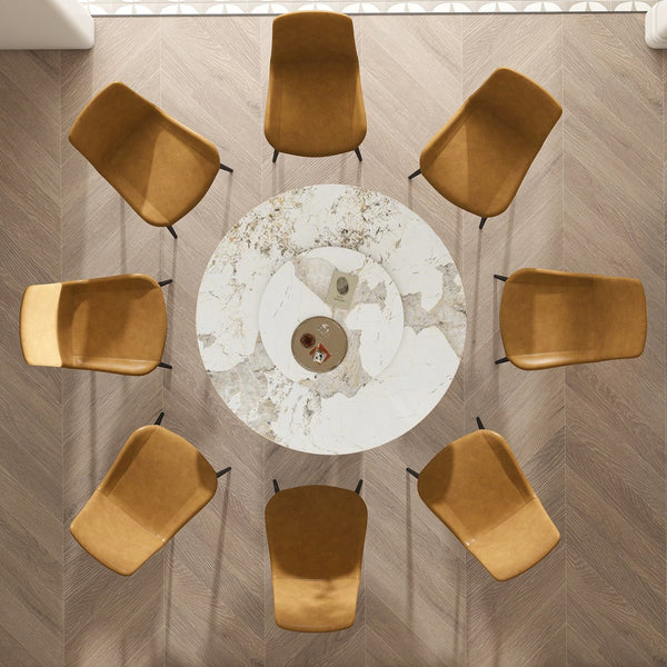 English Elm 53" Round Sintered Stone Dining Table With Lazy Susan & Steel Base – Perfect For Modern Homes! W2699S00044