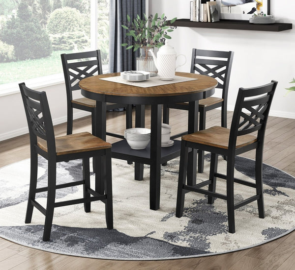 English Elm 5pc Round Counter Height Dining Set Acacia Wood Pedestal Table with Built-in Shelf B011P427921