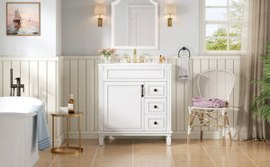 English Elm 30" French-Inspired Bathroom Vanity With Ceramic Sink, 2 Soft-Close Drawers & Adjustable Shelf Storage N710P323323K