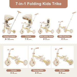 English Elm 7 in 1 Convertible Toddler Trike Aluminum Foldable Push Bike with Canopy for Ages 1 to 6 Yellow N726P248345Y
