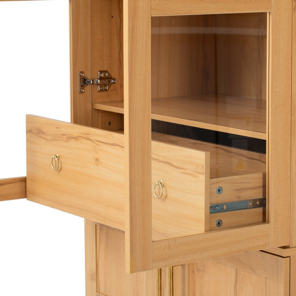 English Elm K&K Arched 71" Kitchen Pantry Cabinet with Glass Doors, Brass Handles, Adjustable Shelves & Drawer Natural N707P288969Y