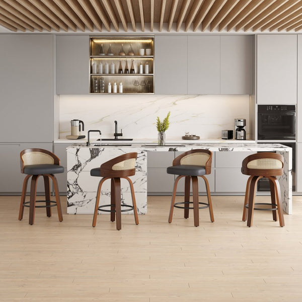 English Elm Swivel Counter Stools Set of 2 Rattan Back Pu Seat Mid Century Wood Frame Kitchen Black T3623P431195