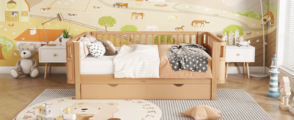 English Elm Full Solid Wood Kids Platform Bed with Guardrail, Low-Profile Durable Pine & MDF, 350LB Capacity Natural 69.69 L x 18.5 W x 8.66 H W2593P331687