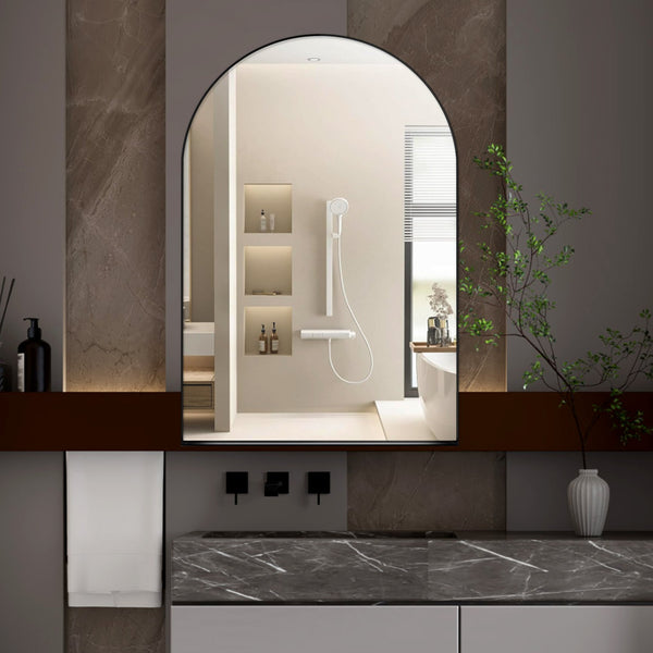 English Elm 24x36 Arched Recessed Medicine Cabinet with Mirror and Adjustable Shelves, Sleek Metal Frame Bathroom Storage Matte Black W1435P182919