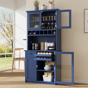 English Elm Topmax Farmhouse Buffet Hutch with Wine Rack Shaker Glass Pantry Cabinet Blue N717P327043C