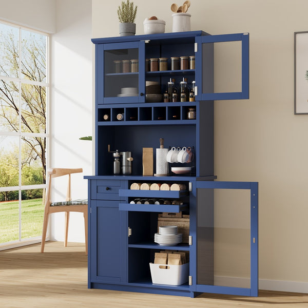 English Elm Topmax Farmhouse Buffet Hutch with Wine Rack Shaker Glass Pantry Cabinet Blue N717P327043C