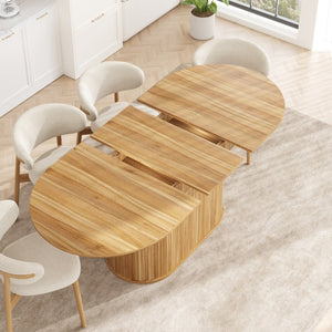 English Elm 55.11"-70.86" Extendable Dining Table with Sculpted Striped Legs Seats Six in Modern Style Natural W757P411747