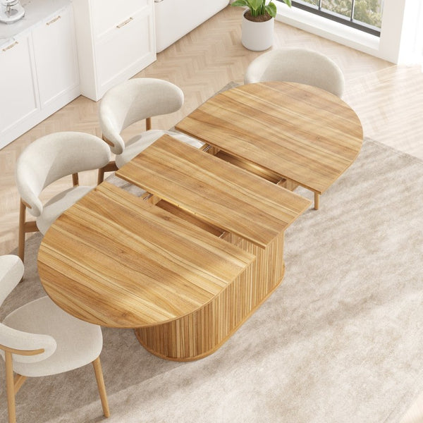 English Elm 55.11"-70.86" Extendable Dining Table with Sculpted Striped Legs Seats Six in Modern Style Natural W757P411747