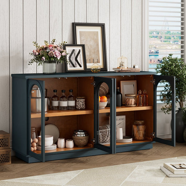 English Elm TREXM 4-Door Large Storage Buffet Cabinet with Glass Doors, Adjustable Shelves and Cable Port Navy N715P247544M