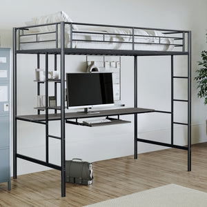 English Elm Black Twin Loft Bed with House-Style Gable, Full Metal Frame, Angled Ladder, Modern Kids Bunk Black 79 L x 17 W x 8 H B2741P347847