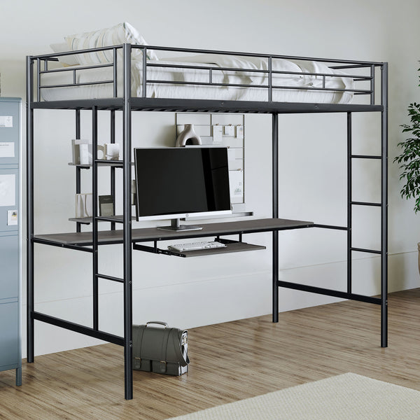 English Elm Black Twin Loft Bed with House-Style Gable, Full Metal Frame, Angled Ladder, Modern Kids Bunk Black 79 L x 17 W x 8 H B2741P347847