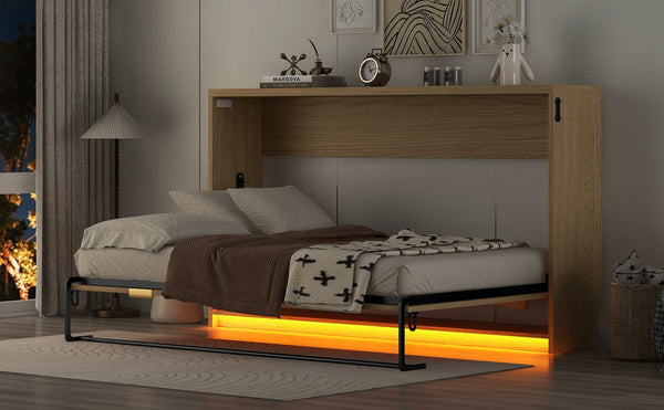 English Elm Twin Murphy Bed XL Cabinet with LED Light, Gray Finish, Space-Saving Foldaway Design, 800lb Capacity N709P002050N