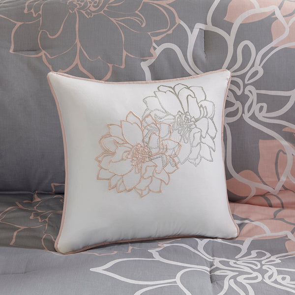 JLA Home Madison Park - Printed Cotton Sateen Comforter Set - Floral Embroidered Pillows, OEKO-TEX Certified, Soft Elegance Grey/Peach MP10-5670